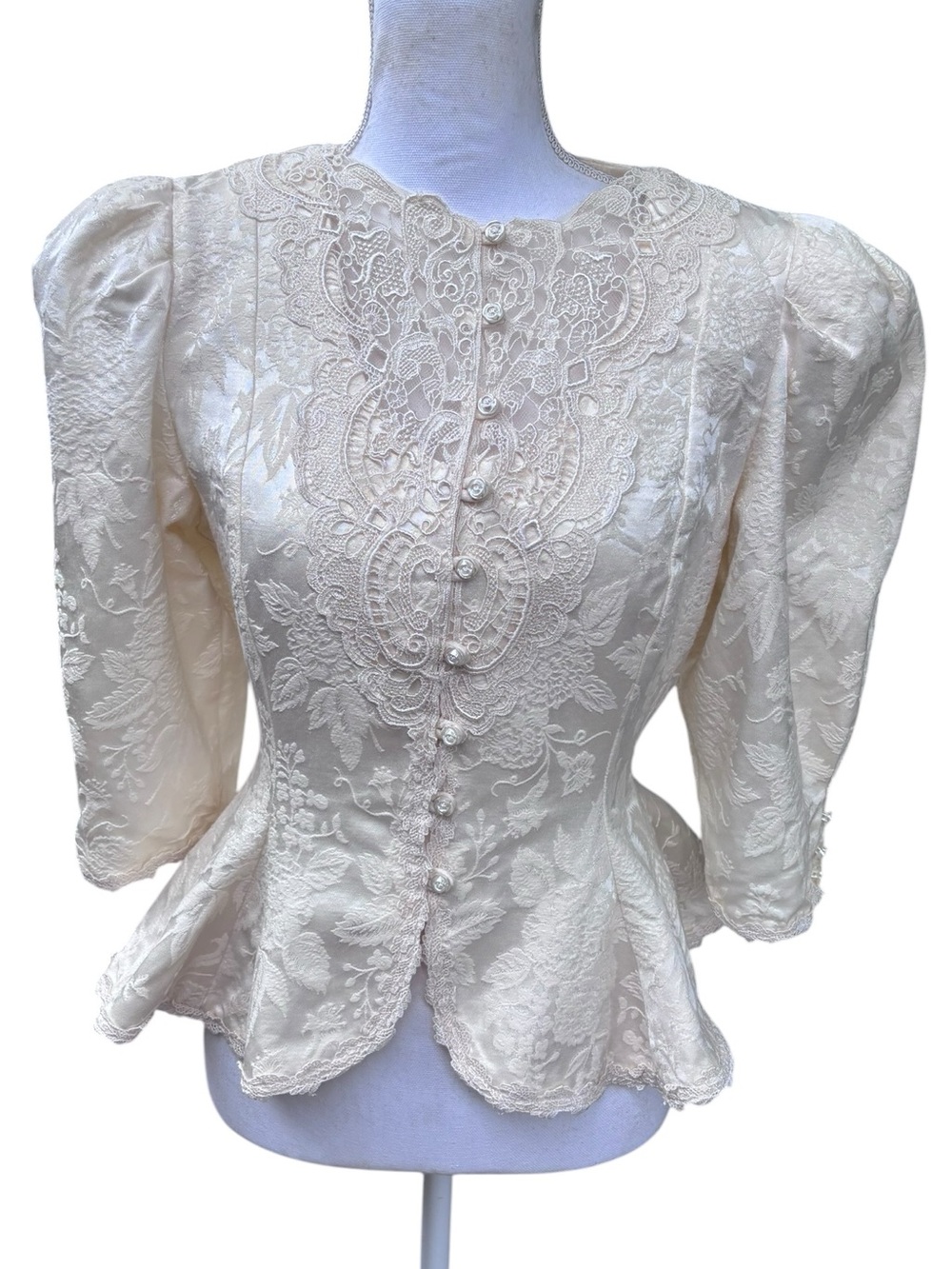 Vintage Bari Protas Ivory Brocade Lace Peplum Blouse Romantic Bridal Cottagecore